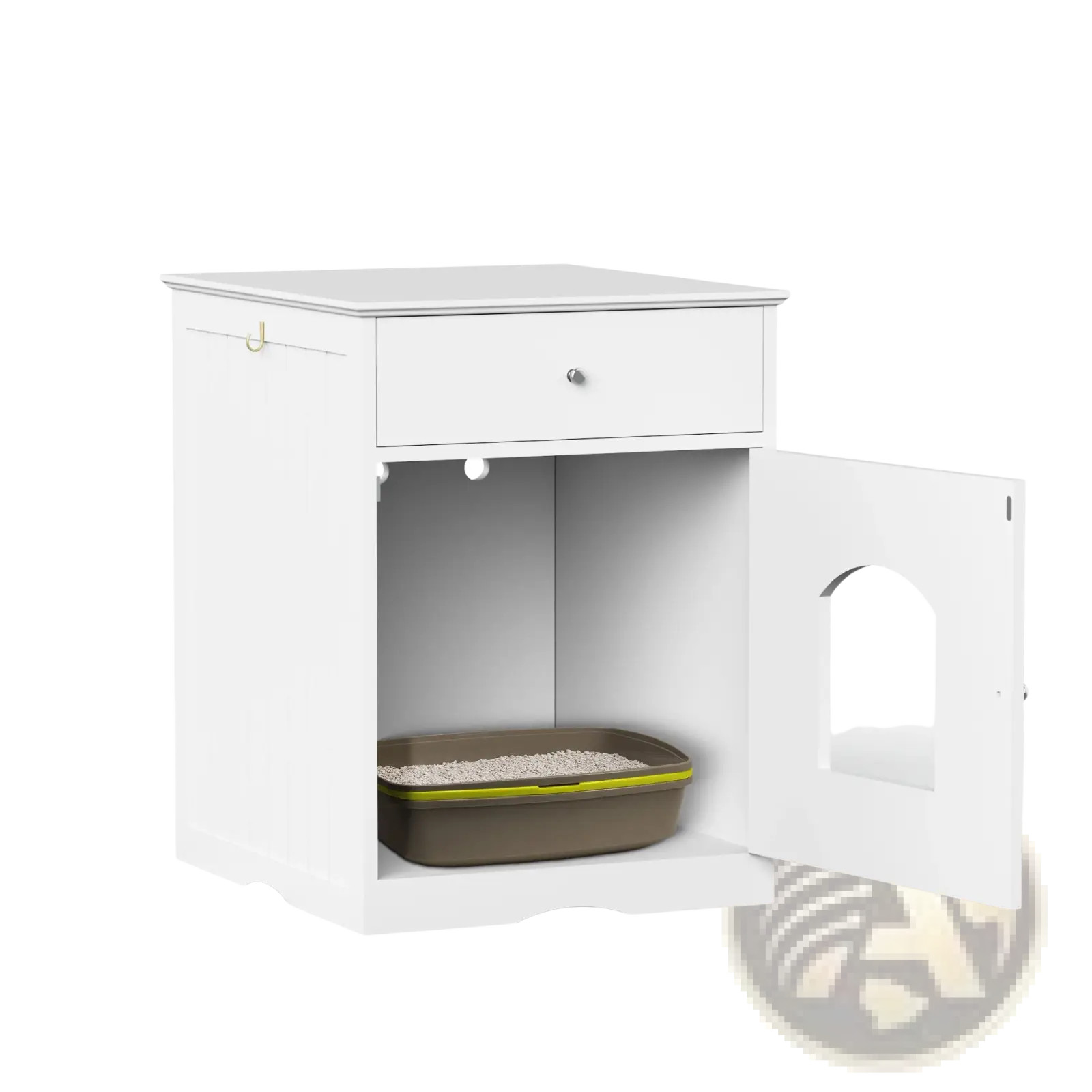 White wooden cat litter box enclosure with drawer and arched door housing a brown litter tray with lime green trim