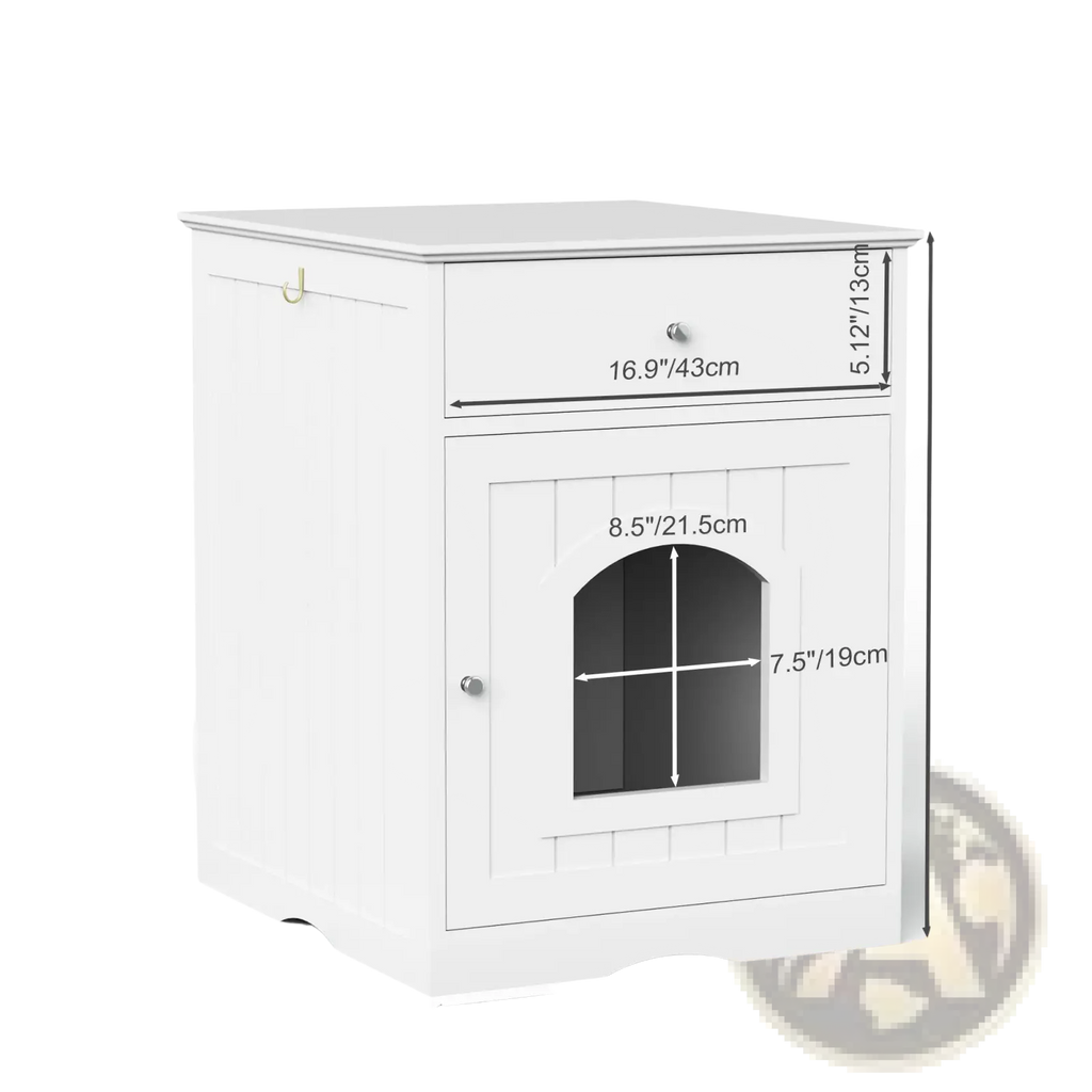 White wooden cat litter box enclosure with drawer and arched glass door for discreet pet hygiene storage