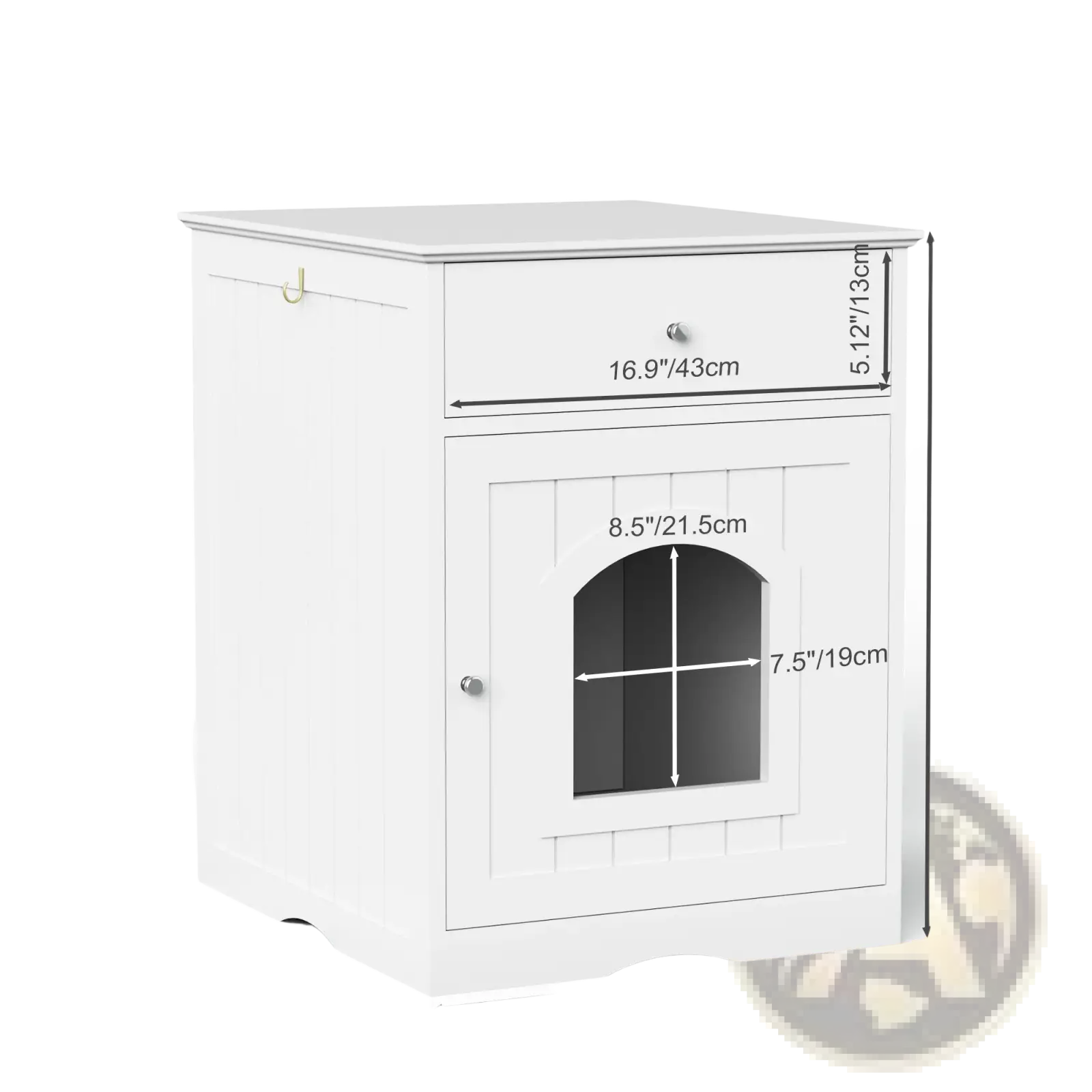 White wooden cat litter box enclosure with drawer and arched glass door for discreet pet hygiene storage