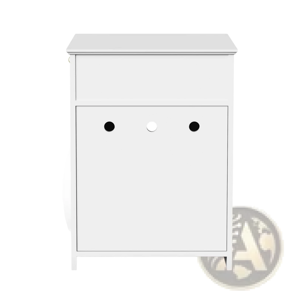 White wooden cat litter box enclosure with drawer featuring a minimalist nightstand with three circular knobs