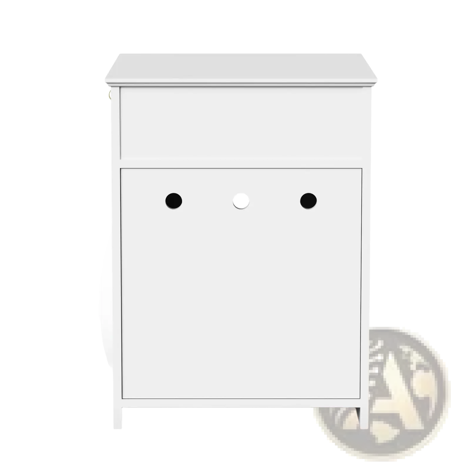 White wooden cat litter box enclosure with drawer featuring a minimalist nightstand with three circular knobs