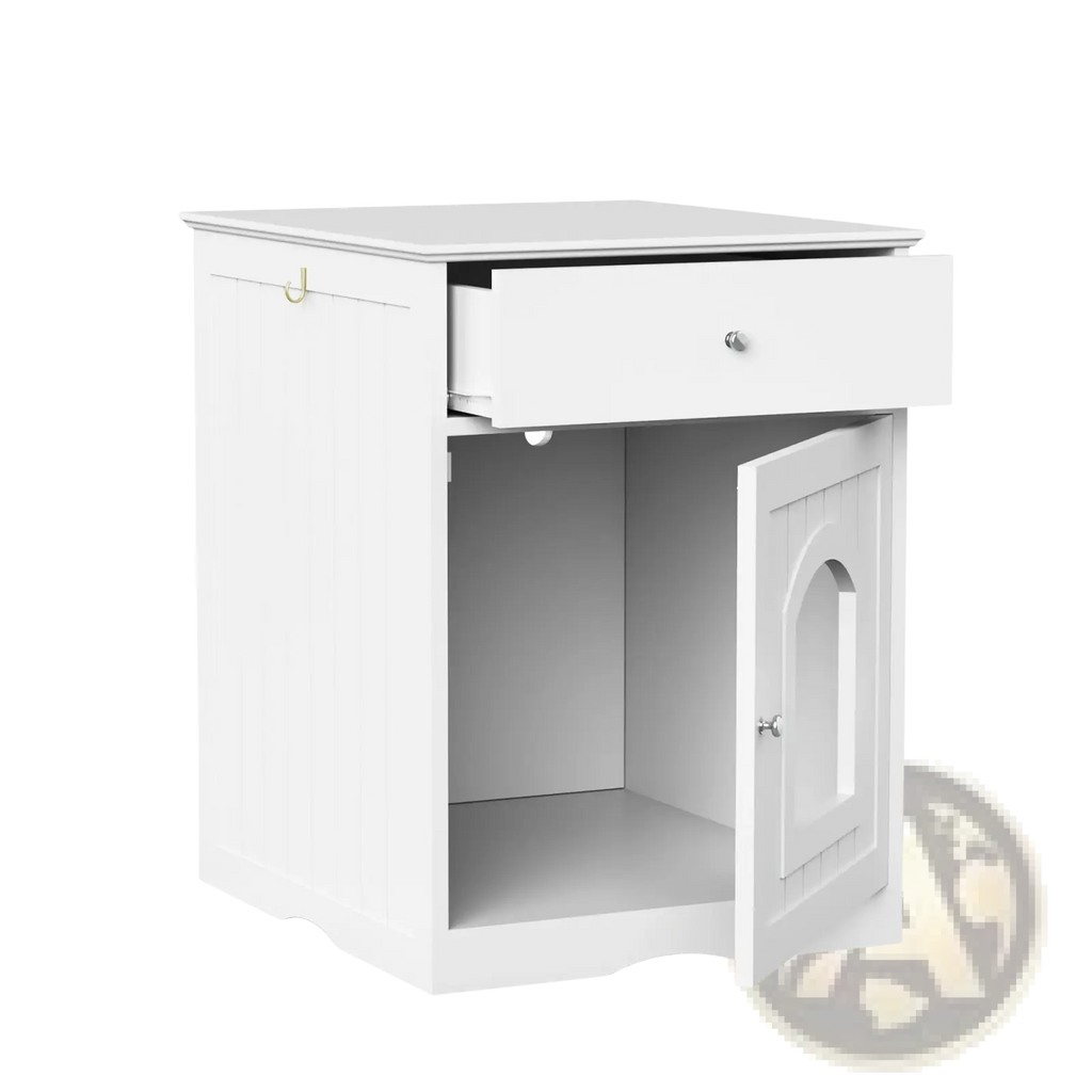 White wooden cat litter box enclosure with drawer featuring a nightstand style single drawer and arched door cabinet