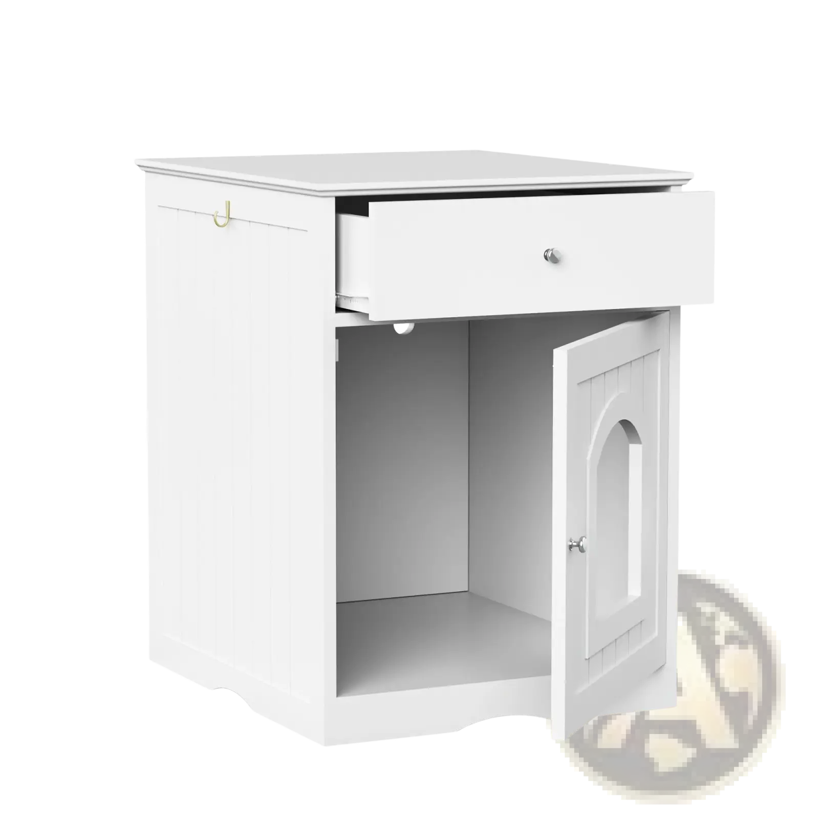 White wooden cat litter box enclosure with drawer featuring a nightstand style single drawer and arched door cabinet