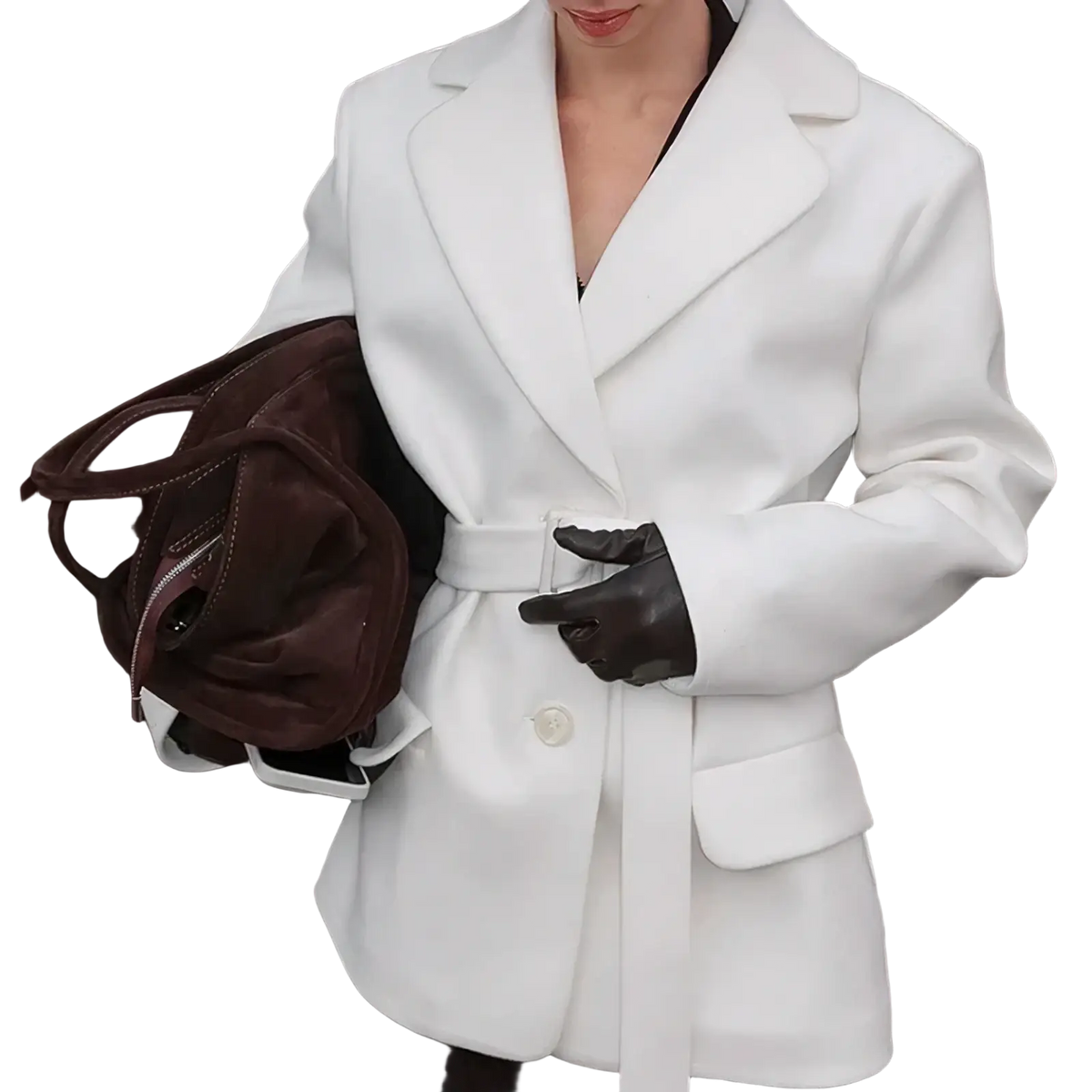 White wool coat for women with belted waist, structured collar, single button closure, and thickened mid-length design