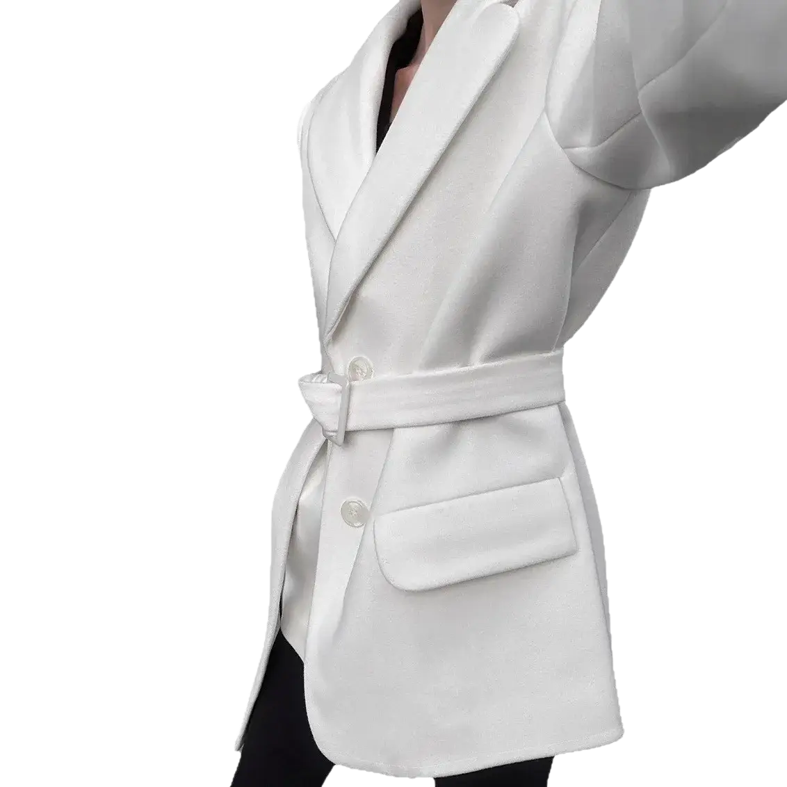 White wool coat for women 2025 winter with a sleek white belted blazer design and subtle sheen mid-length tailored fit