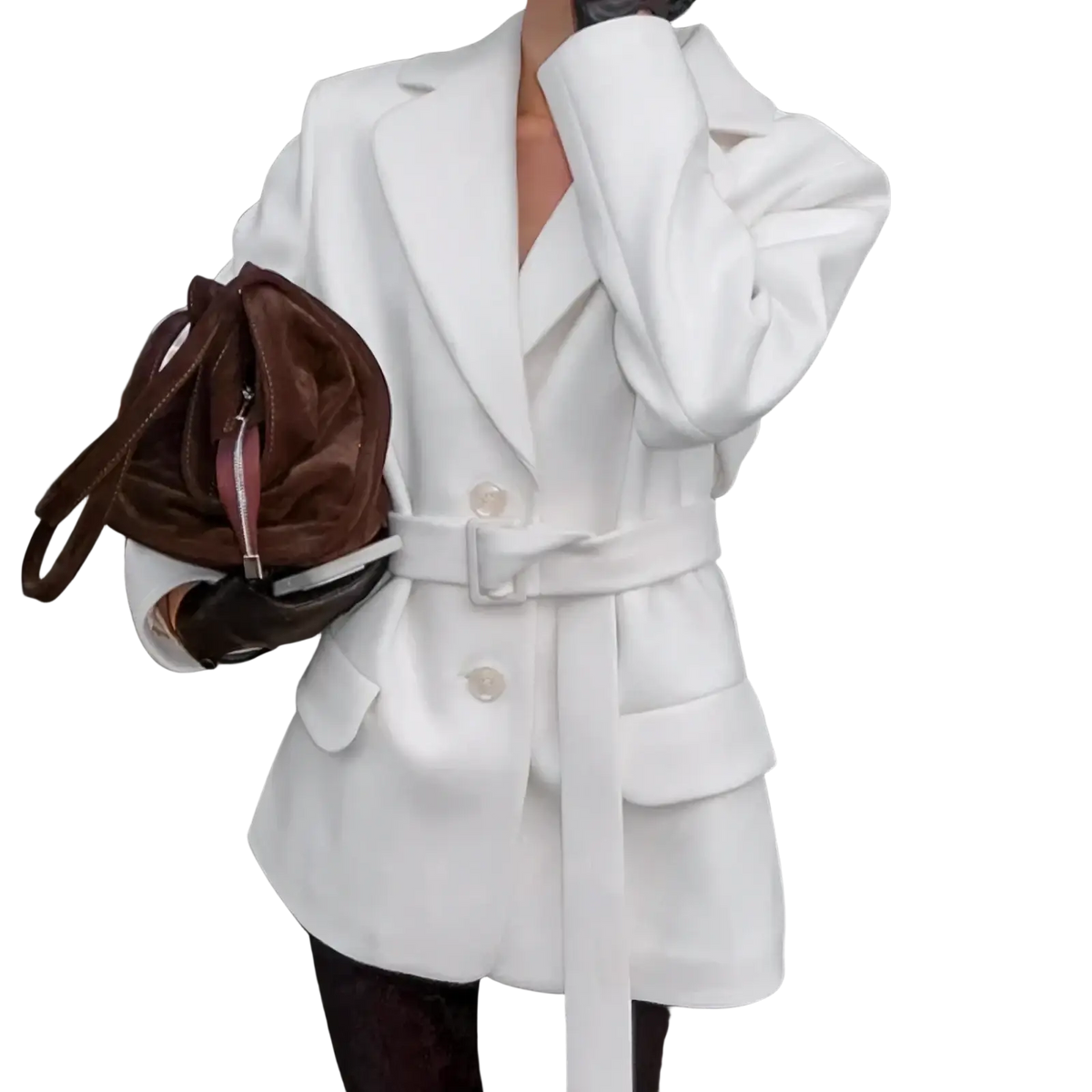 White belted wool coat for women with oversized sleeves pearl buttons and waist tie mid-length winter blazer 2025