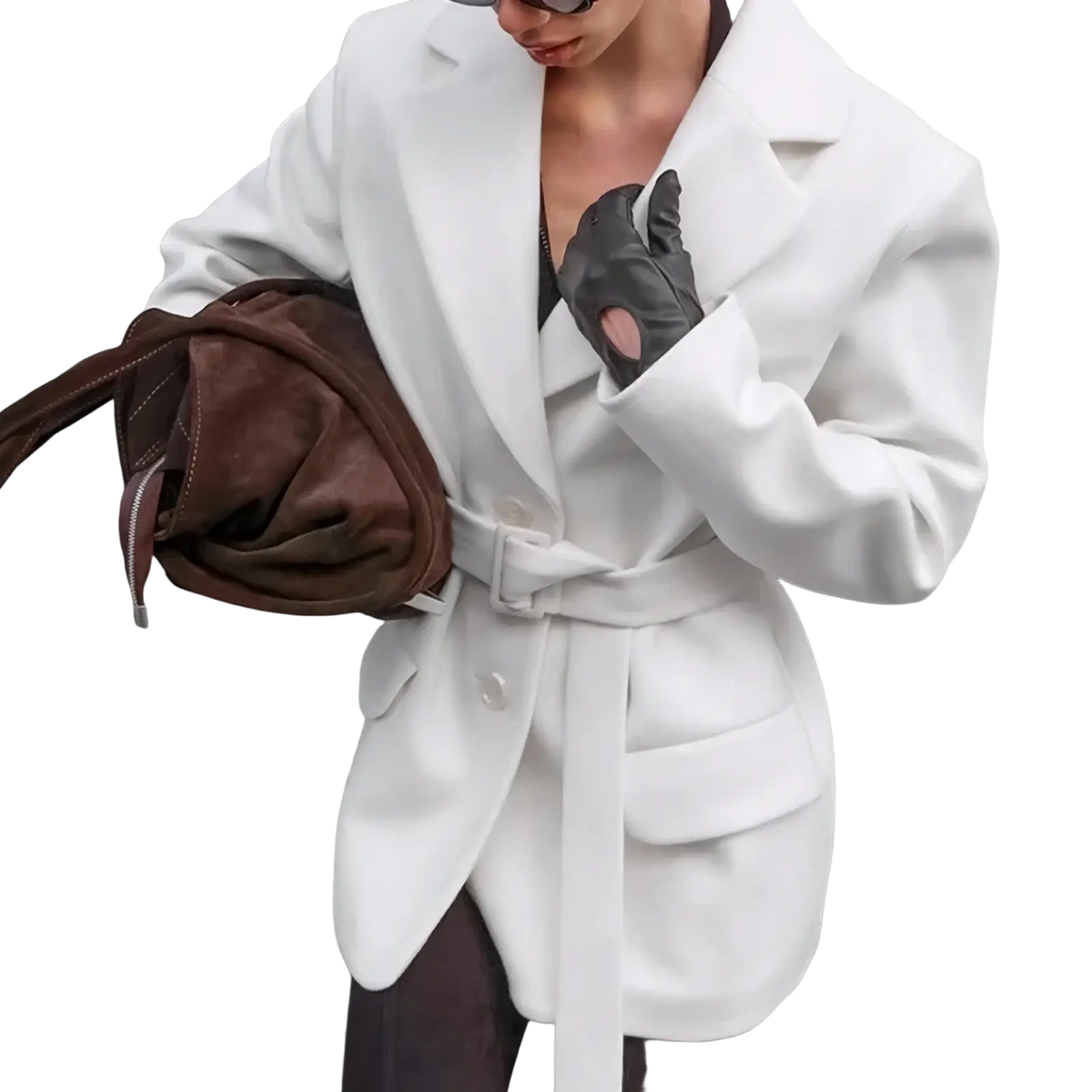 White wool coat for women with a white belt, structured collar, long sleeves, and mid-length design for winter 2025