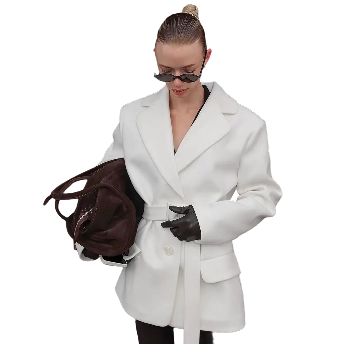 White wool blazer for women with a white belt, structured shoulders, and tailored fit for winter 2025 wear