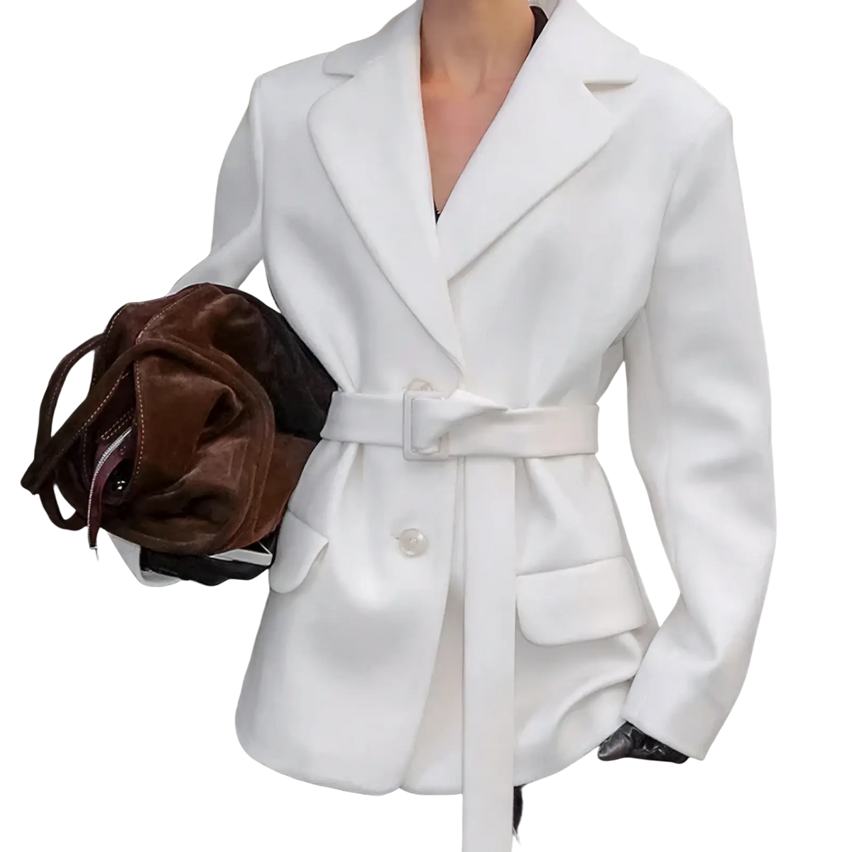 White wool coat for women 2025 winter with white belted blazer design structured collar and clean lines mid-length