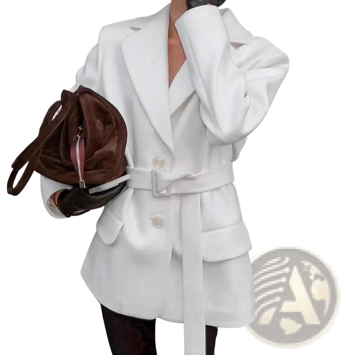 White belted wool coat for women with oversized sleeves pearl buttons and waist tie mid-length winter blazer 2025
