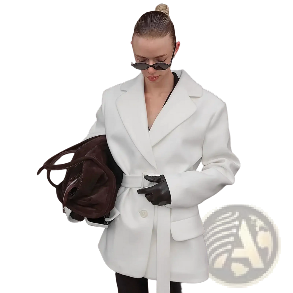 White wool blazer for women with a white belt, structured shoulders, and tailored fit for winter 2025 wear