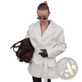 White wool blazer for women with a white belt, structured shoulders, and tailored fit for winter 2025 wear