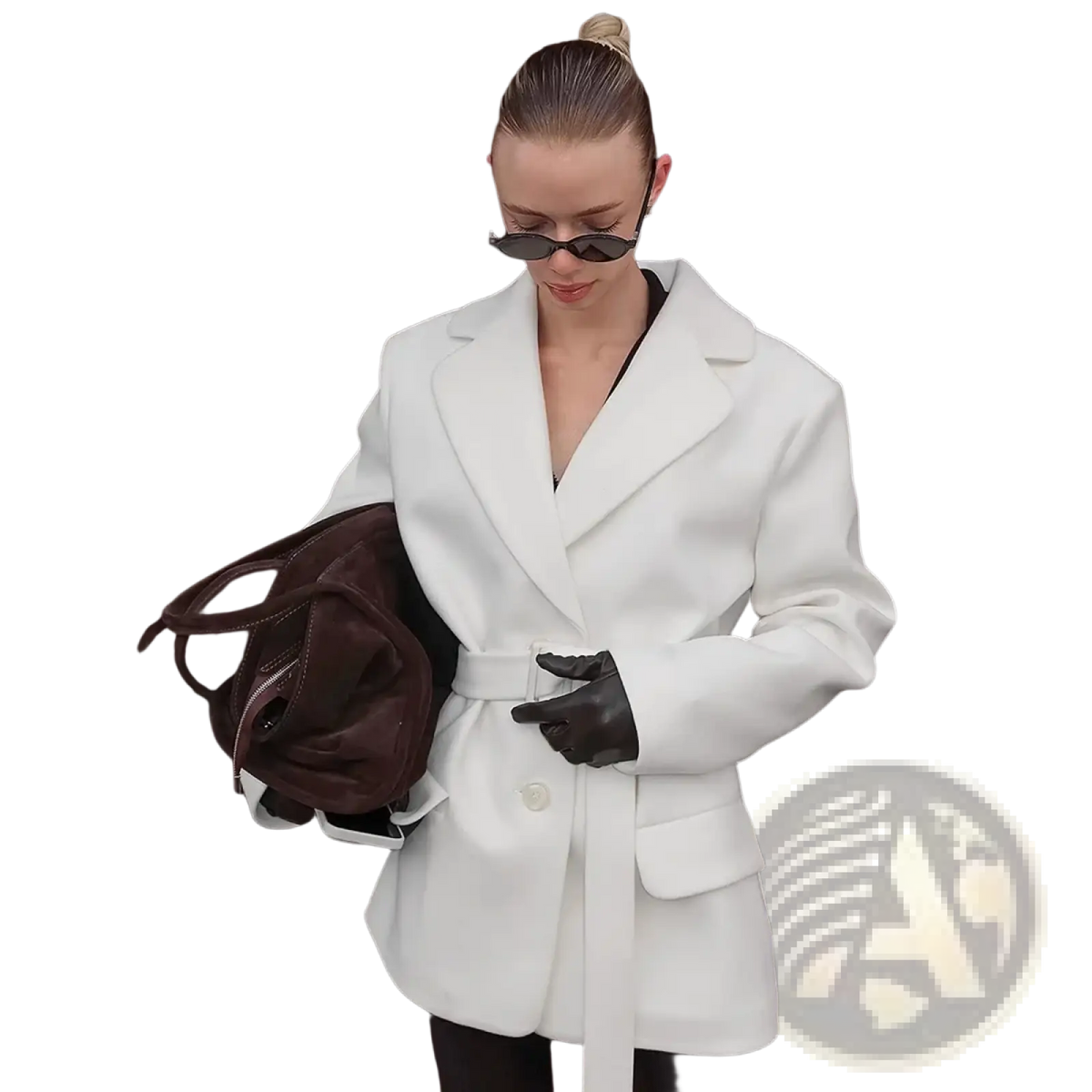 White wool blazer for women with a white belt, structured shoulders, and tailored fit for winter 2025 wear