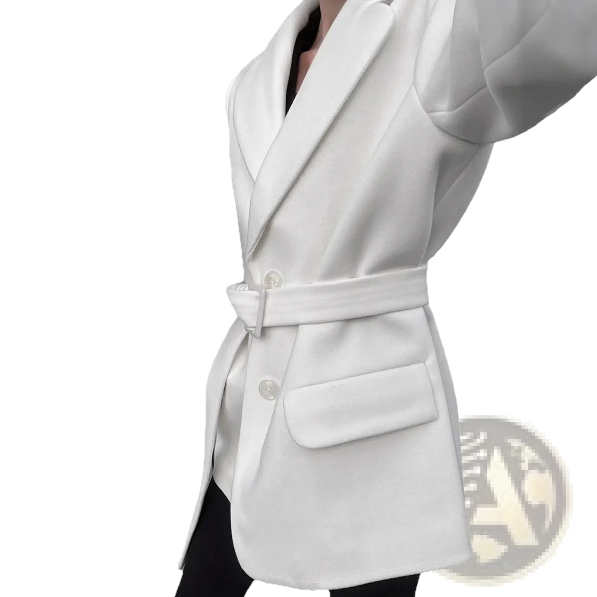White wool coat for women 2025 winter with a sleek white belted blazer design and subtle sheen mid-length tailored fit