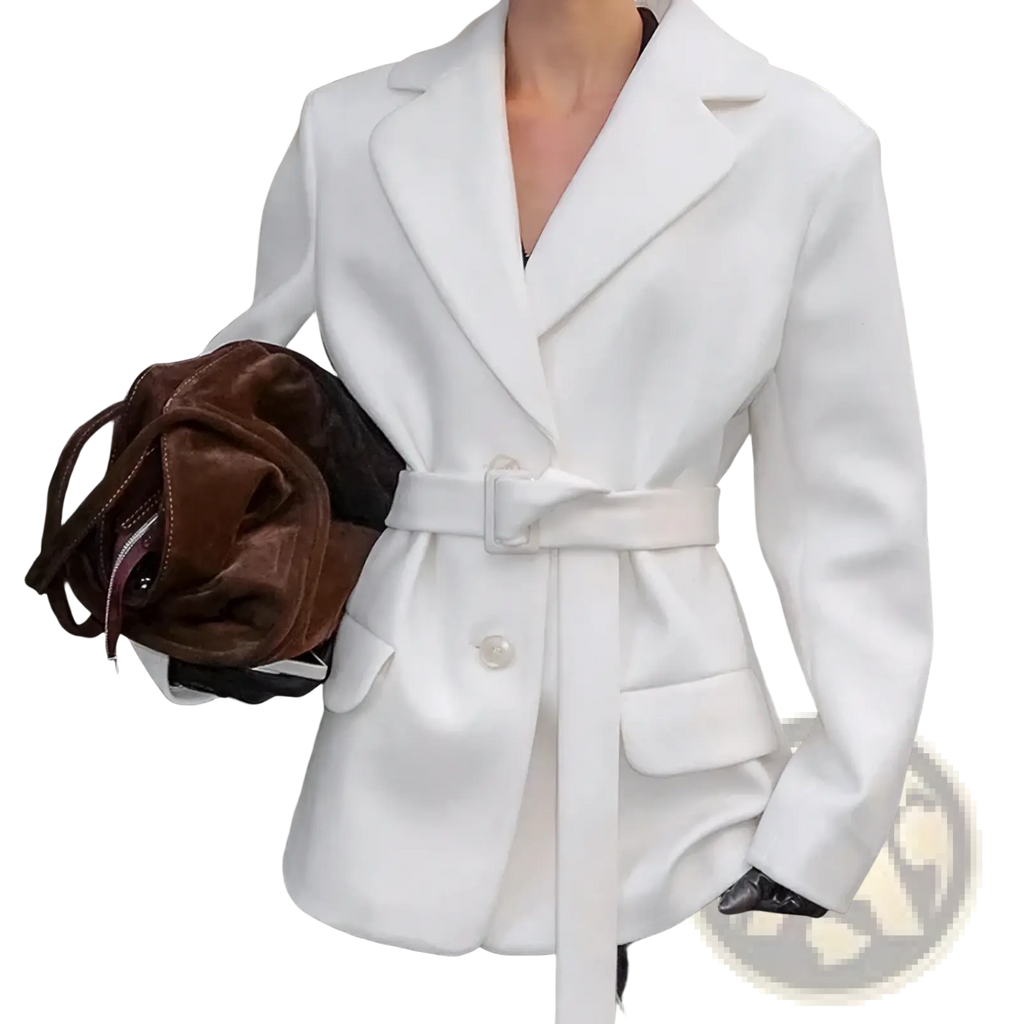 White wool coat for women 2025 winter with white belted blazer design structured collar and clean lines mid-length