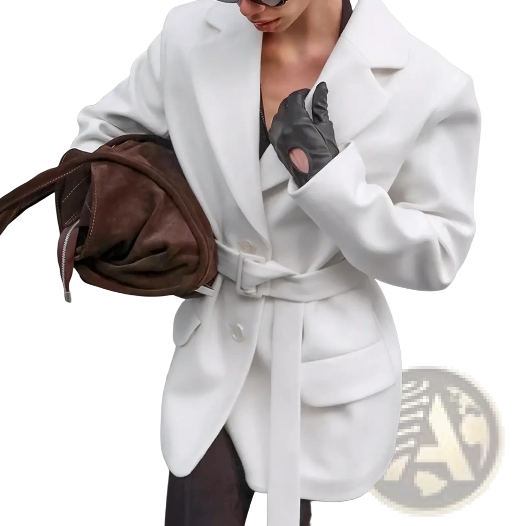 White wool coat for women with a white belt, structured collar, long sleeves, and mid-length design for winter 2025