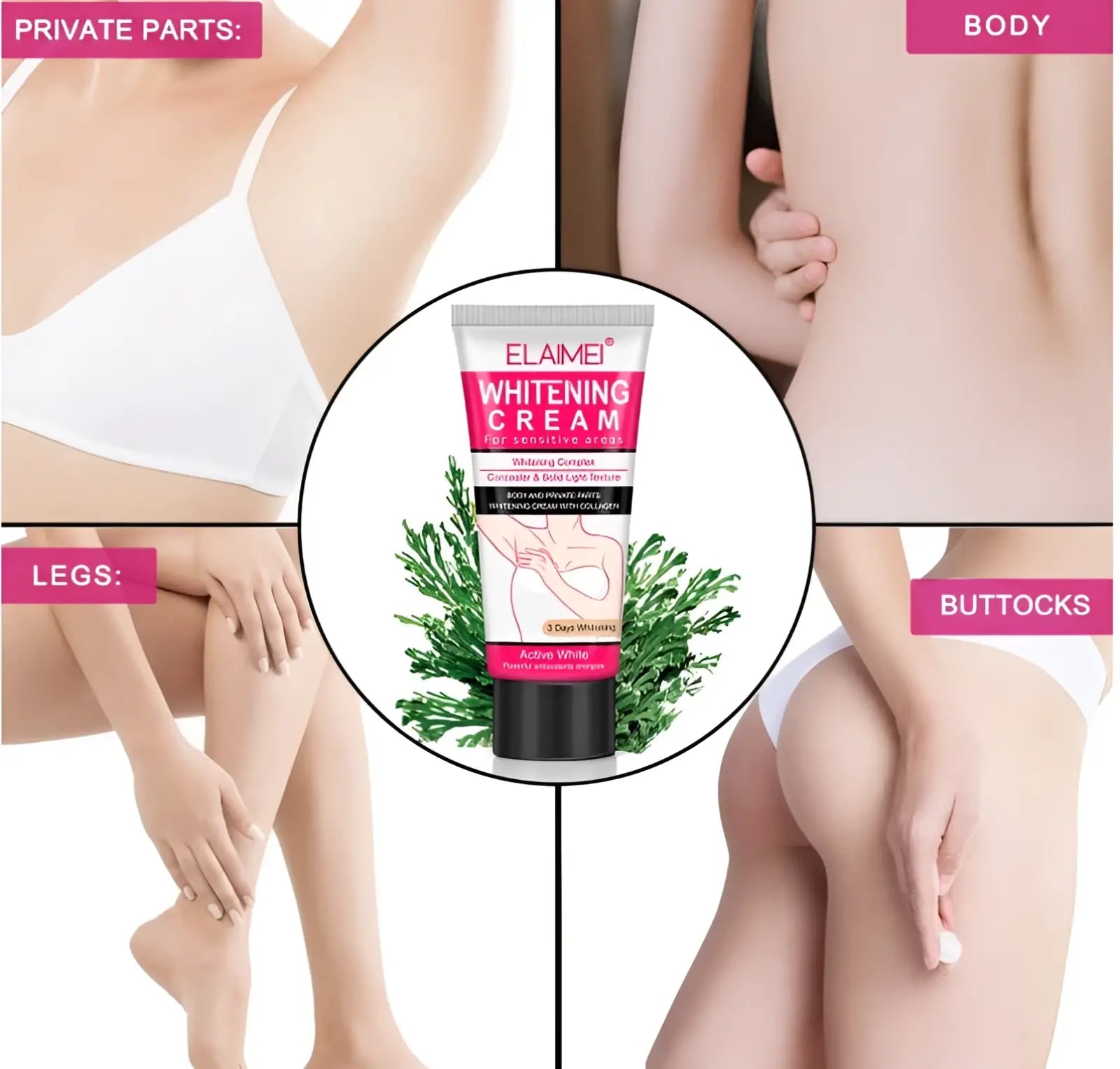 Elamei whitening cream for sensitive areas in a white pink tube with black cap and botanical illustrations on label