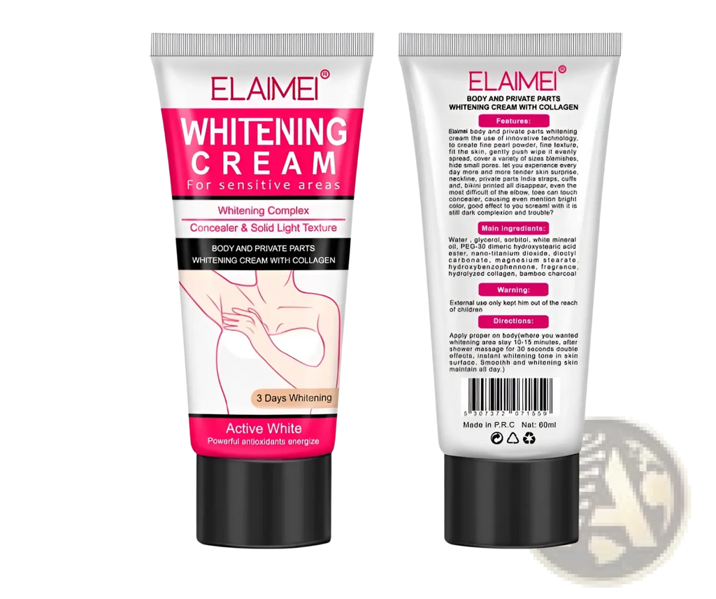 Elaime white and pink body whitening cream tube for sensitive areas with collagen featuring a sleek silver cap