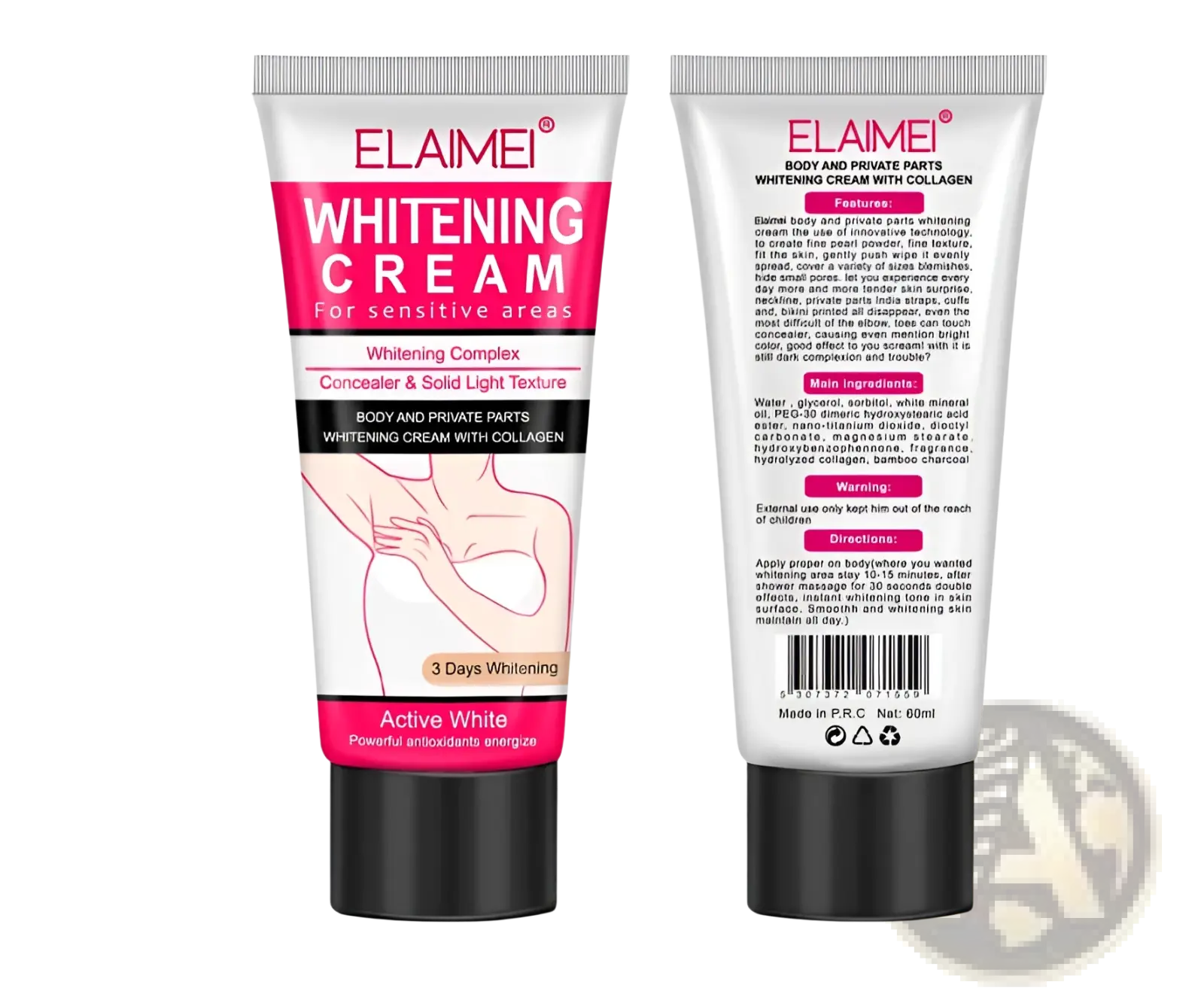 Elaime white and pink body whitening cream tube for sensitive areas with collagen featuring a sleek silver cap
