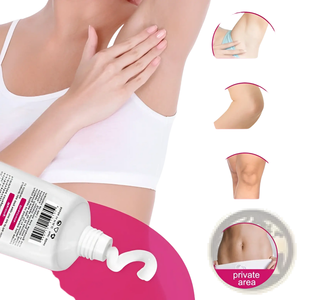 White plastic tube of whitening cream for sensitive areas with collagen squeezed to dispense creamy lotion swirl