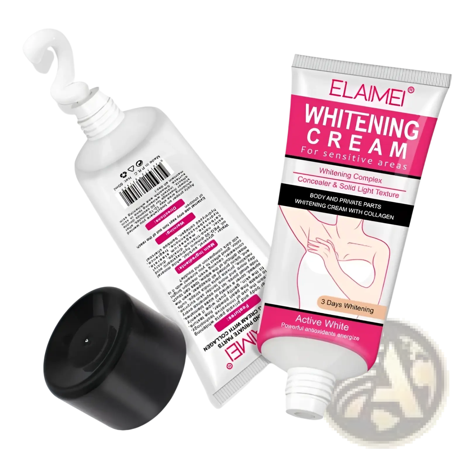 Pink and white tube of elaime whitening cream for sensitive areas with collagen shown from the front side