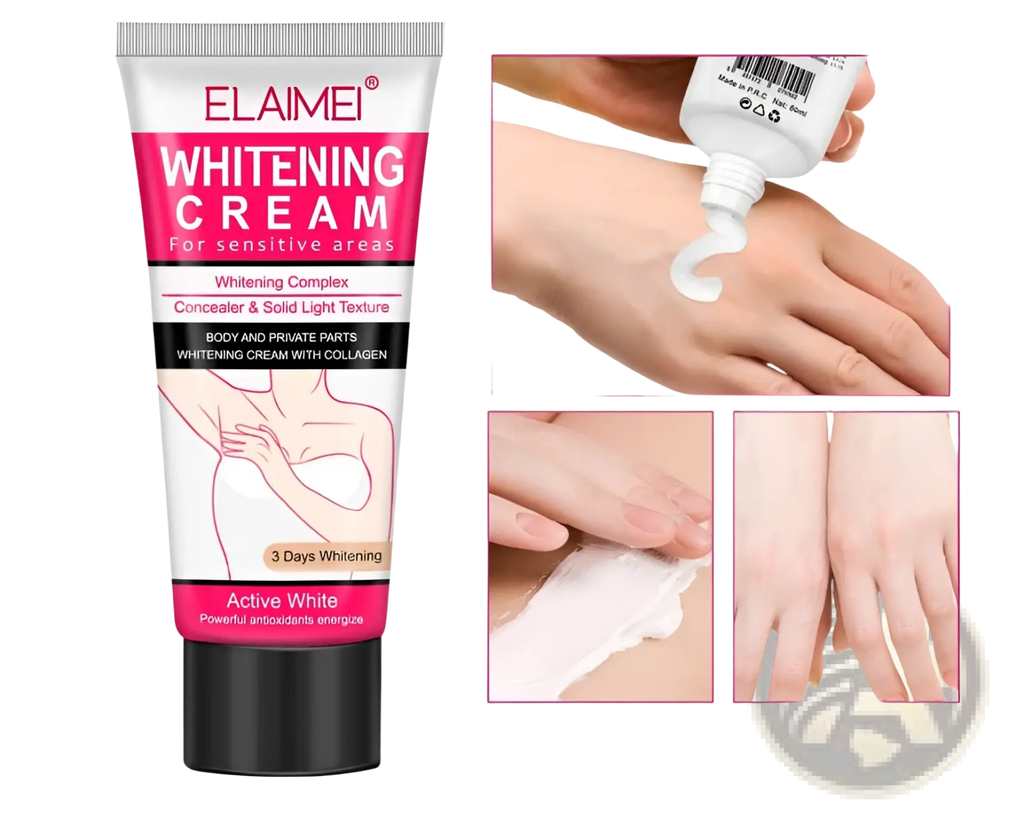 Elaimei whitening cream for sensitive areas in a white and pink tube with black cap containing collagen