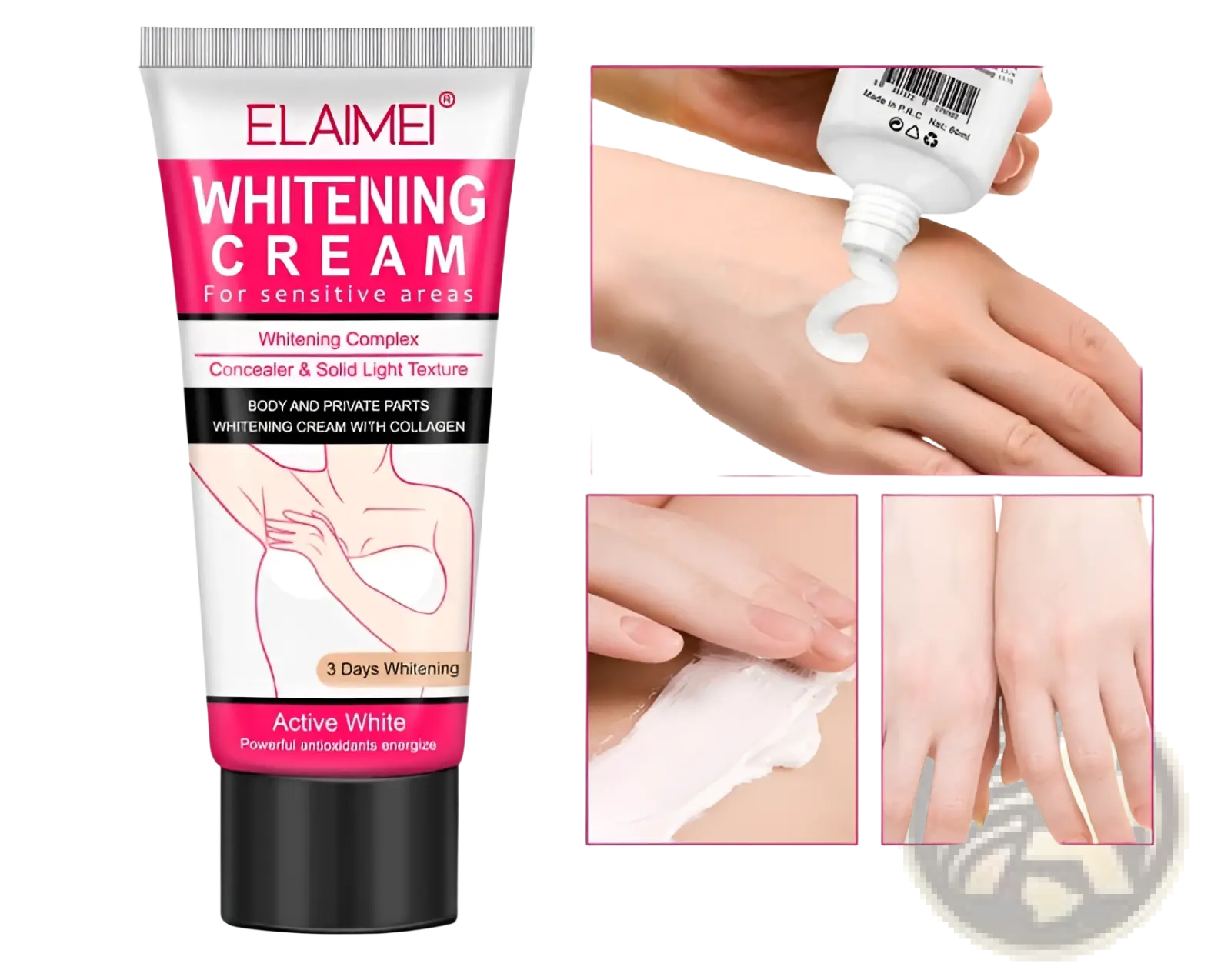 Elaimei whitening cream for sensitive areas in a white and pink tube with black cap containing collagen
