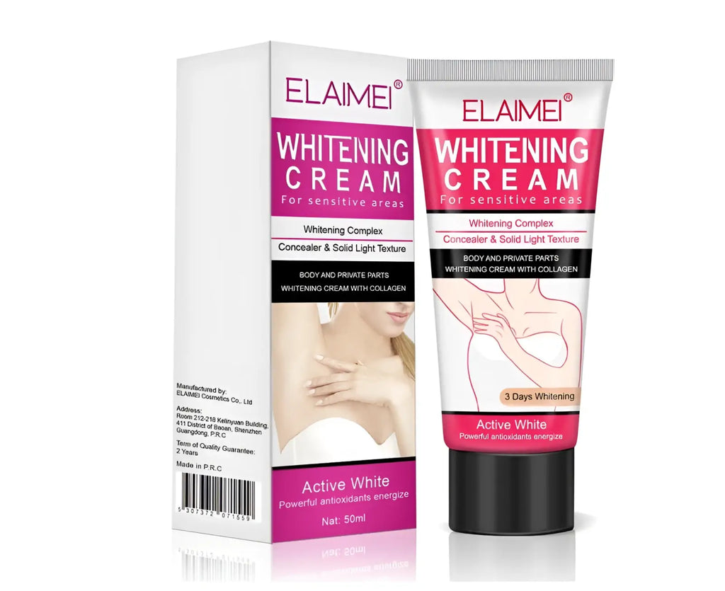 Elaimei whitening cream for sensitive areas in a white and pink tube with black cap containing collagen