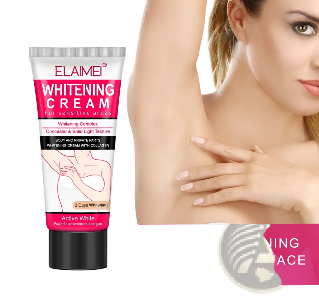 Elaime whitening cream for sensitive areas with collagen in a white and pink tube with black cap