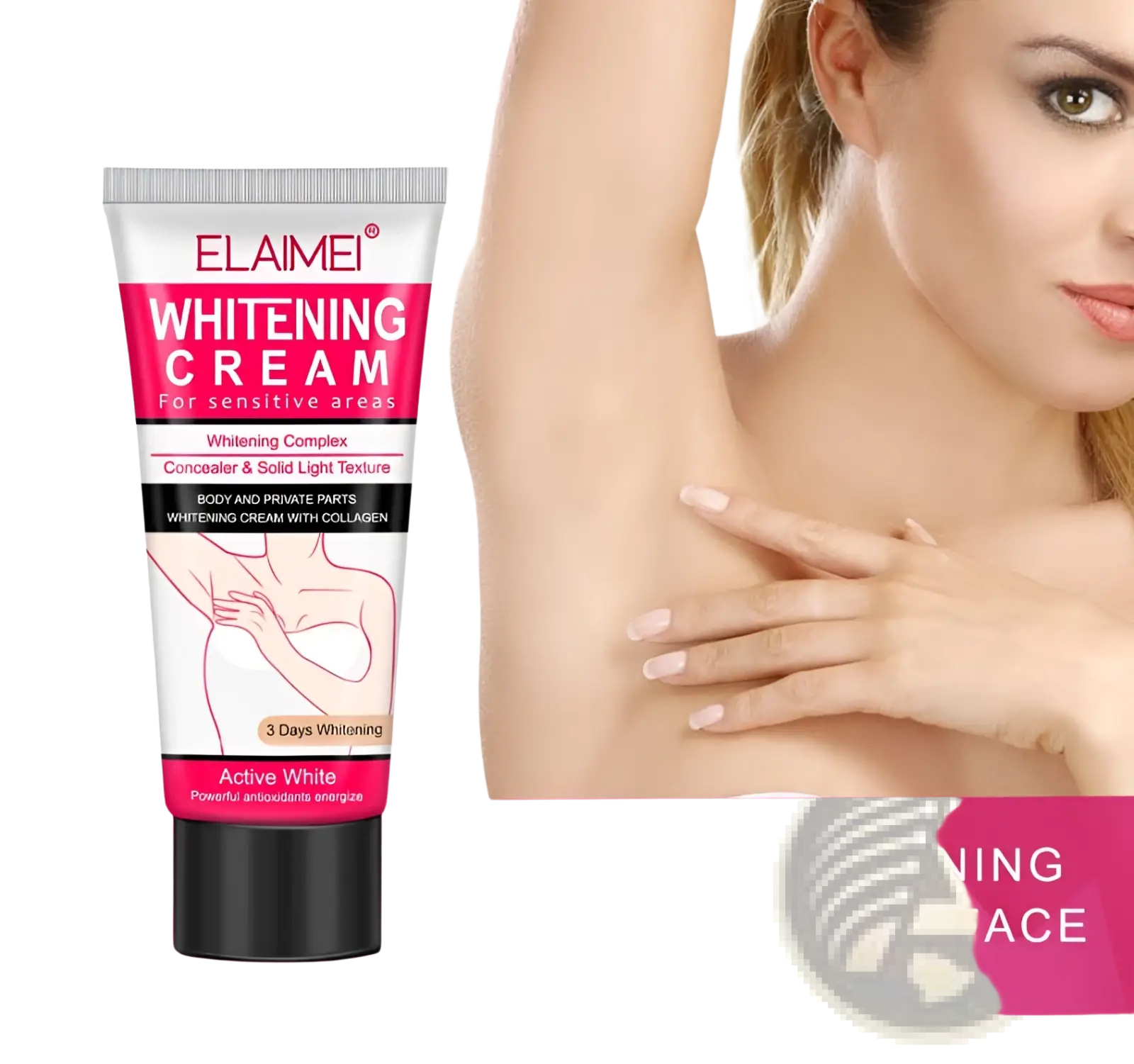 Elaime whitening cream for sensitive areas with collagen in a white and pink tube with black cap