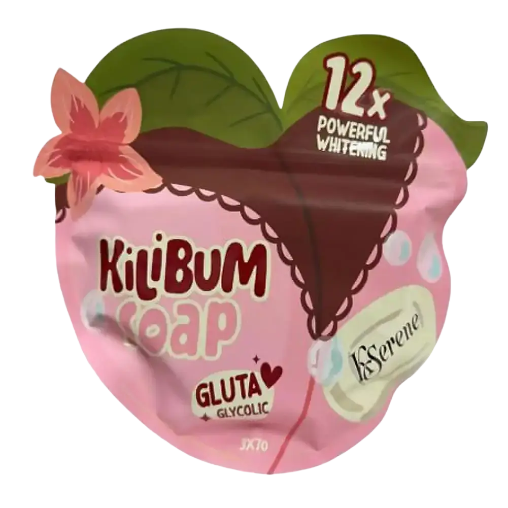 Pink heart-shaped kilibum whitening skin care soap package with green leaf pink flower design and 12x powerful whitening text