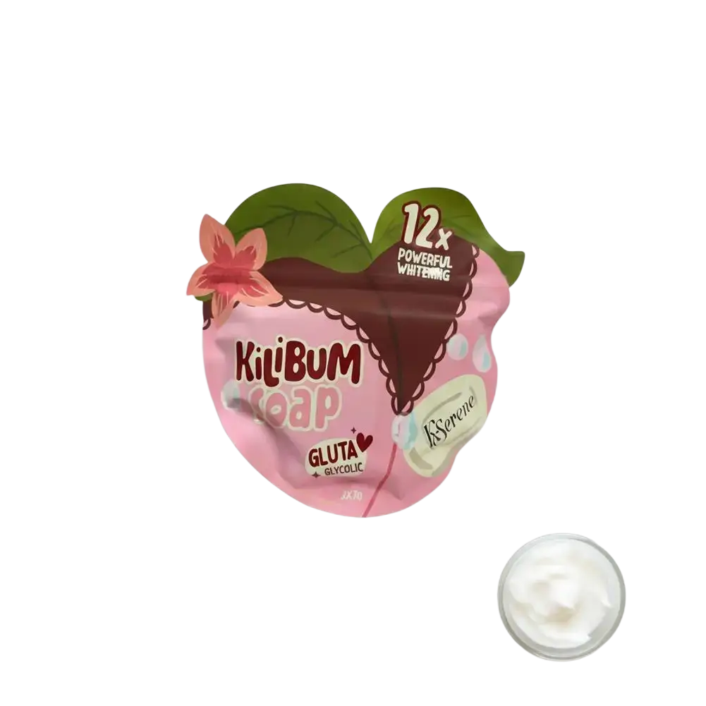 Pink heart-shaped package of kilibum skin care soap with floral leaf design and 12x powerful whitening text for whitening