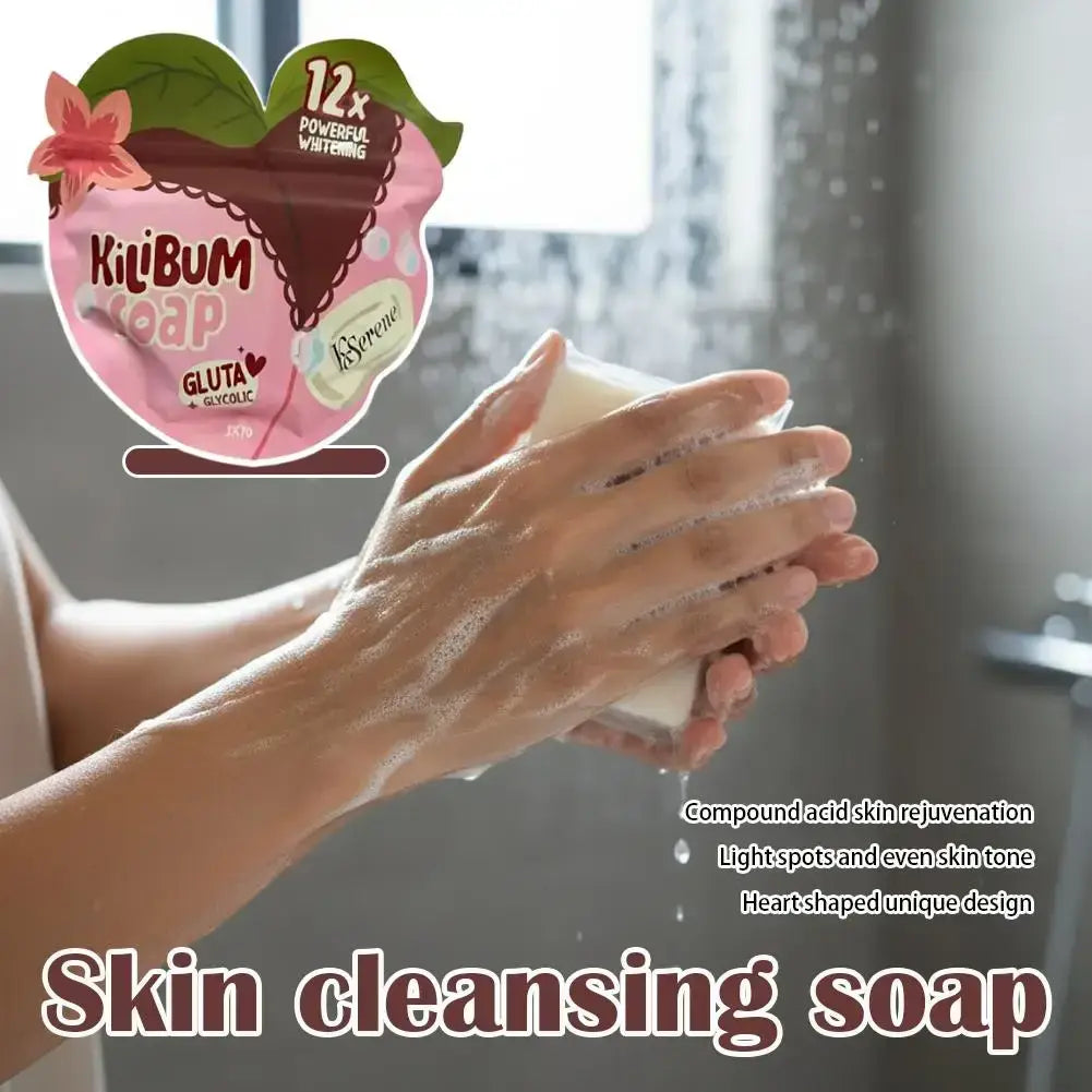 Pink heart-shaped kiibum whitening skin care soap package with brown and white accents and 12x powerful whitening text