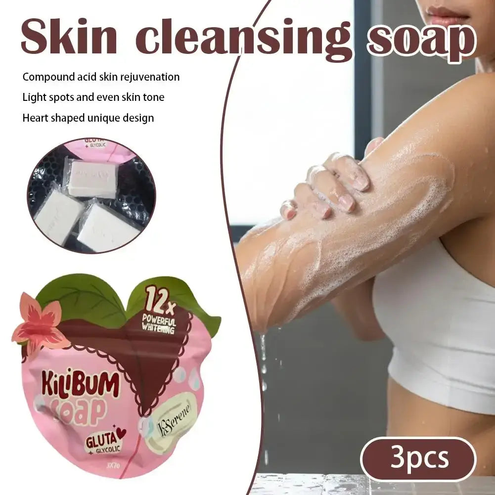 Pink heart-shaped package of kiibum whitening skin care soap three pack with white bars green leaf and flower accents