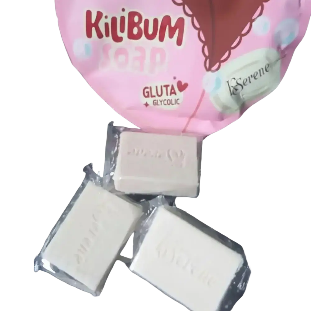 Pink kilibum whitening skin care soap 3 pack with three individually wrapped white bars for skin care use