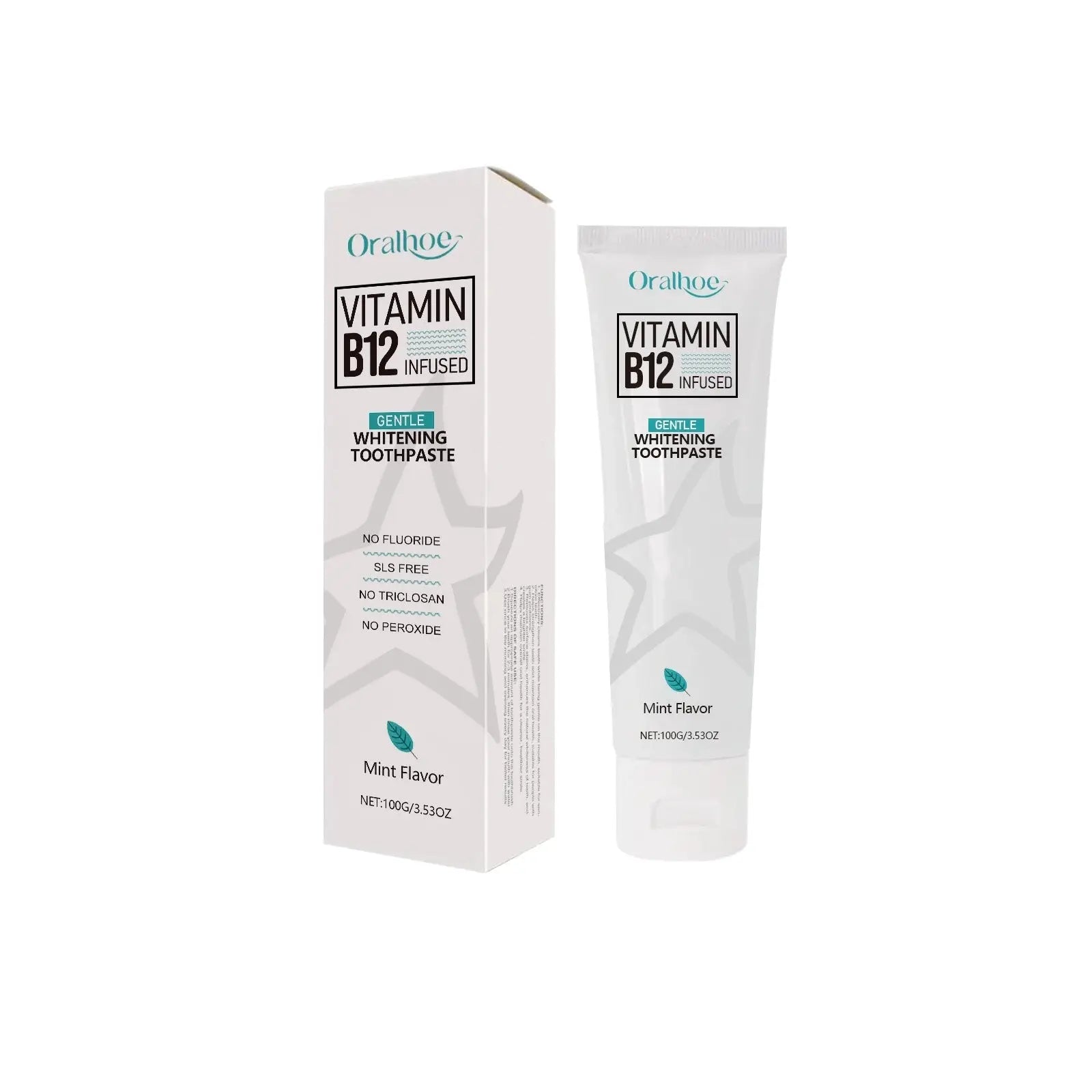 White tube of Oralbee whitening toothpaste with vitamin B12 and mint flavor featuring a subtle star pattern