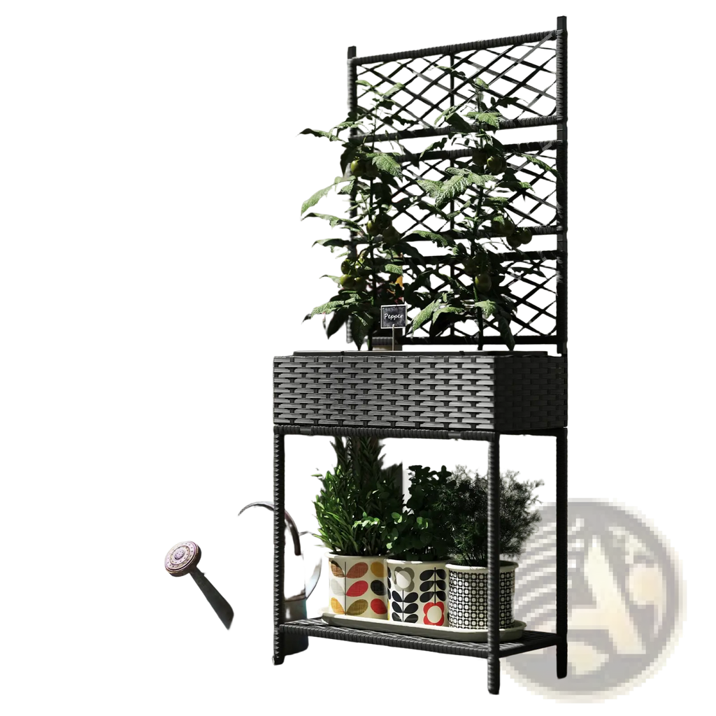 Black wicker planter with trellis and storage shelf holding green plants in patterned ceramic pots for garden use