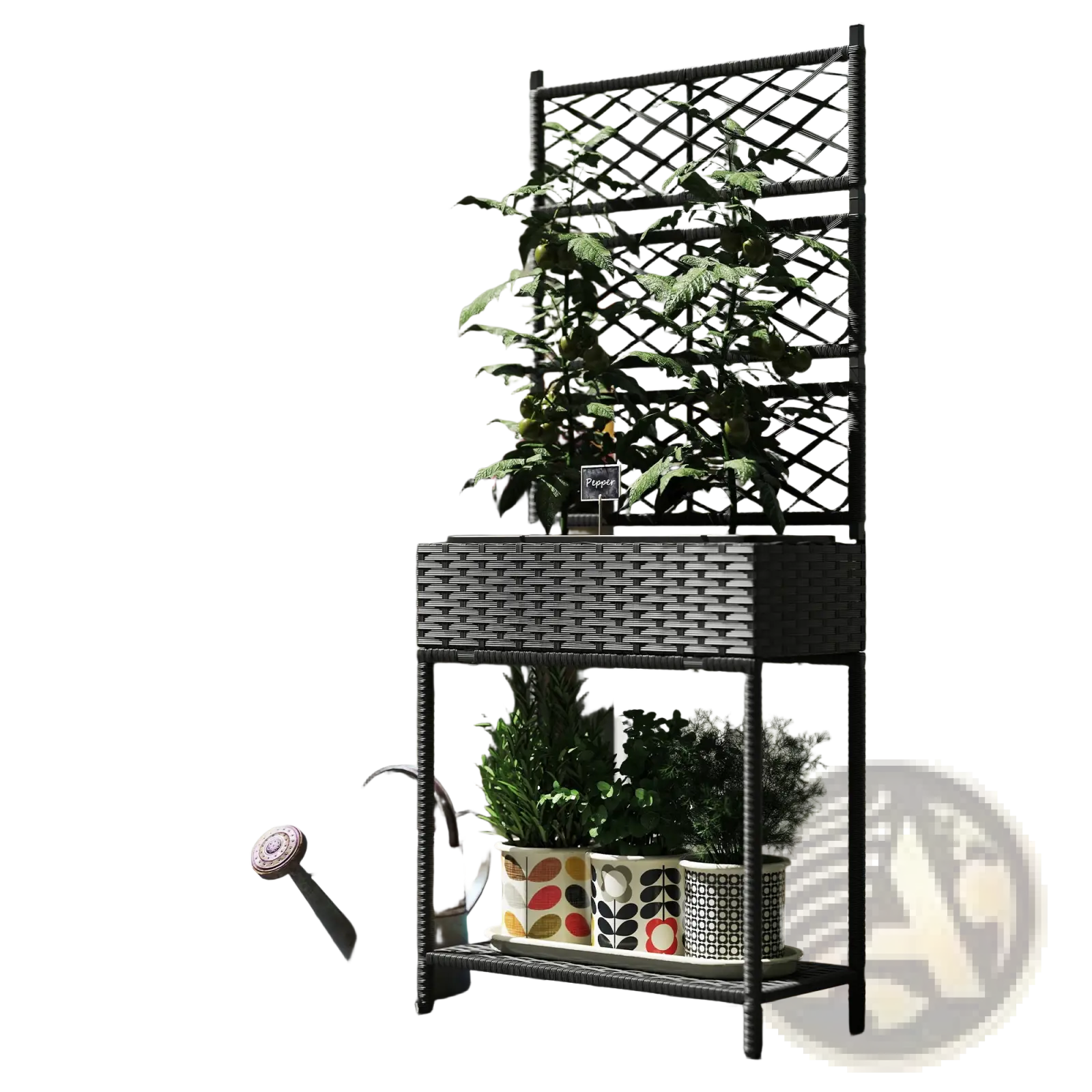 Black wicker planter with trellis and storage shelf holding green plants in patterned ceramic pots for garden use