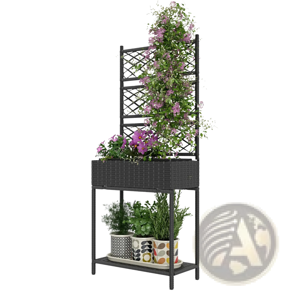 Black woven resin wicker planter with trellis and storage shelf featuring climbing purple flowers and potted herbs