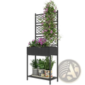 Black woven resin wicker planter with trellis and storage shelf featuring climbing purple flowers and potted herbs