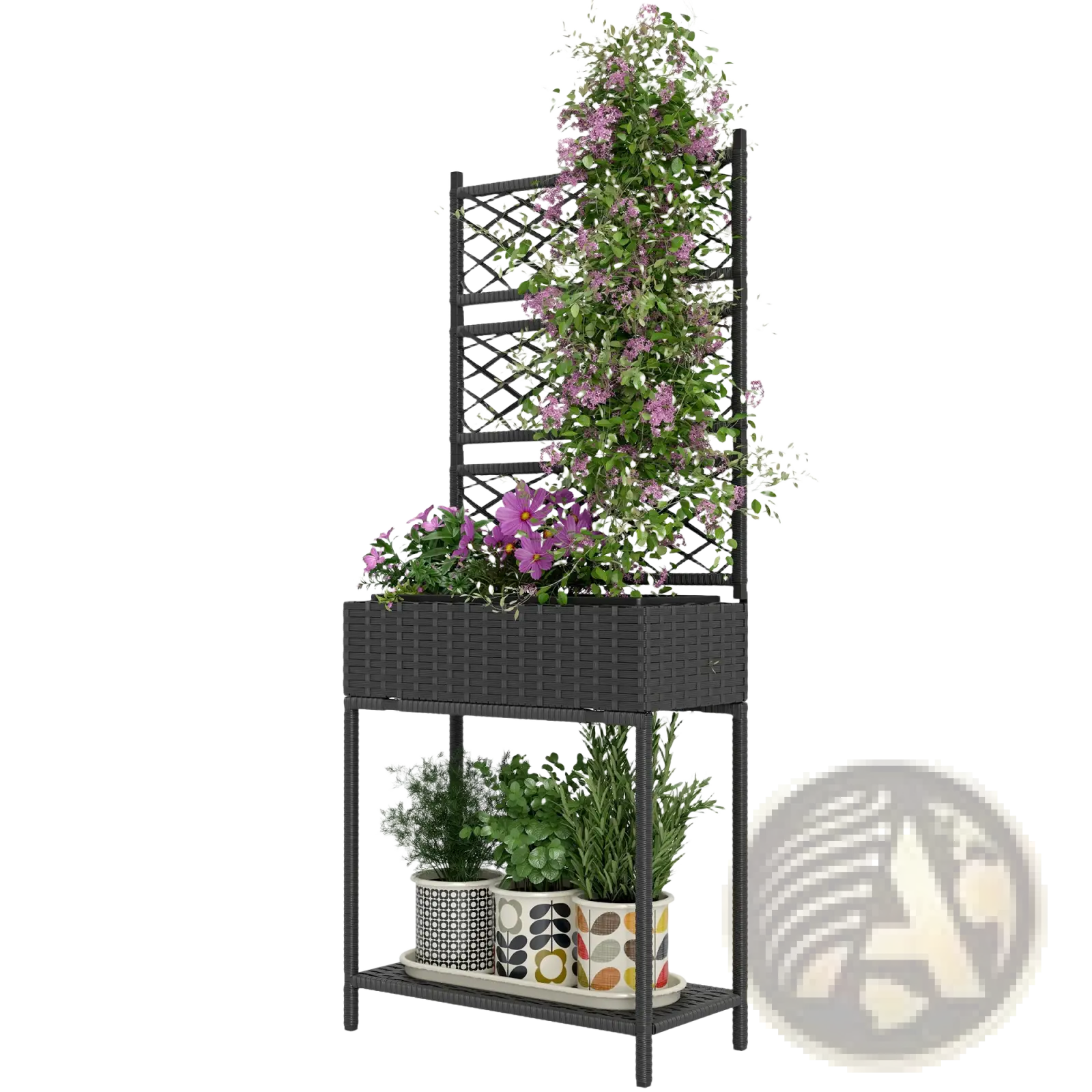 Black woven resin wicker planter with trellis and storage shelf featuring climbing purple flowers and potted herbs