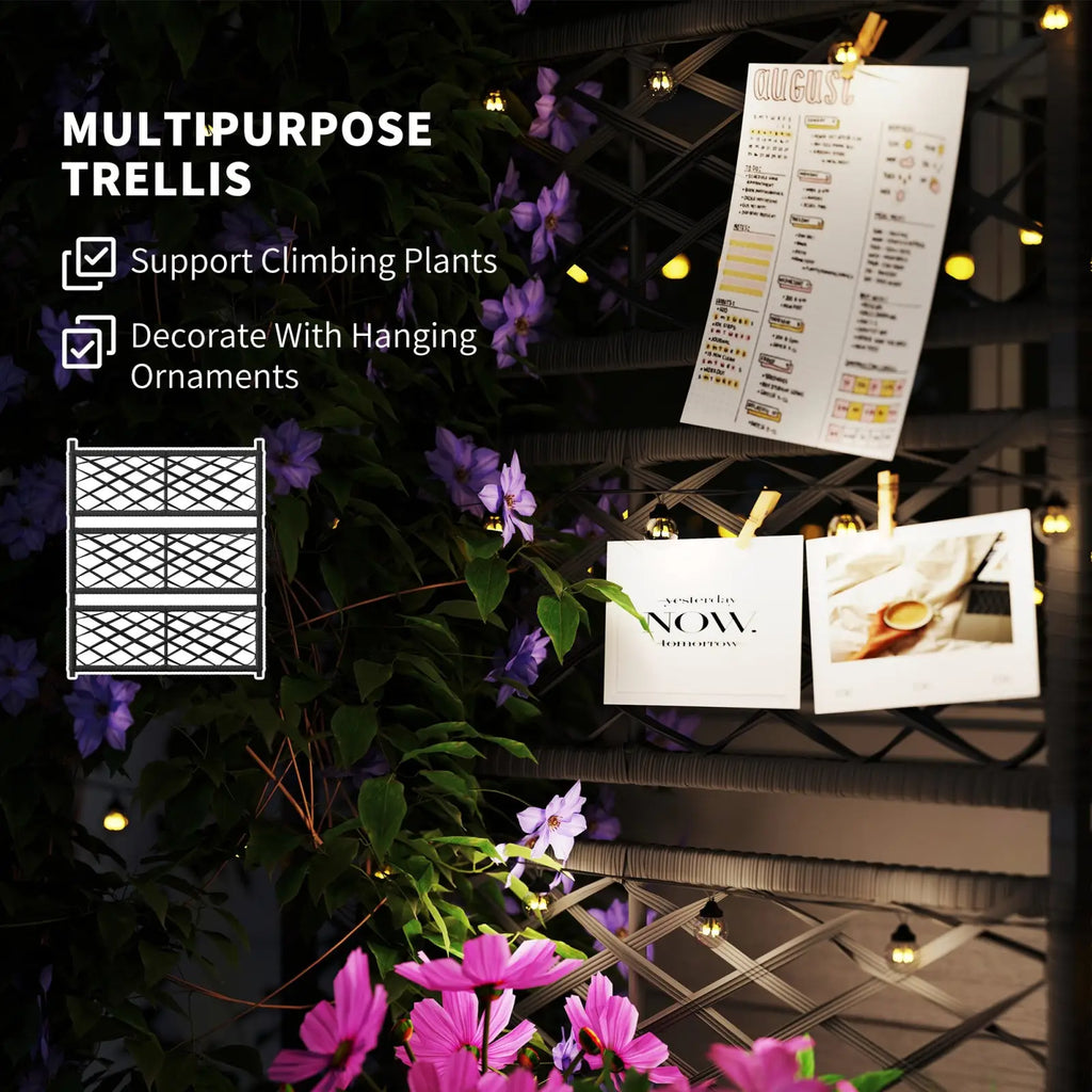 Black metal multipurpose trellis with diamond-patterned lattice design on wicker planter with storage shelf