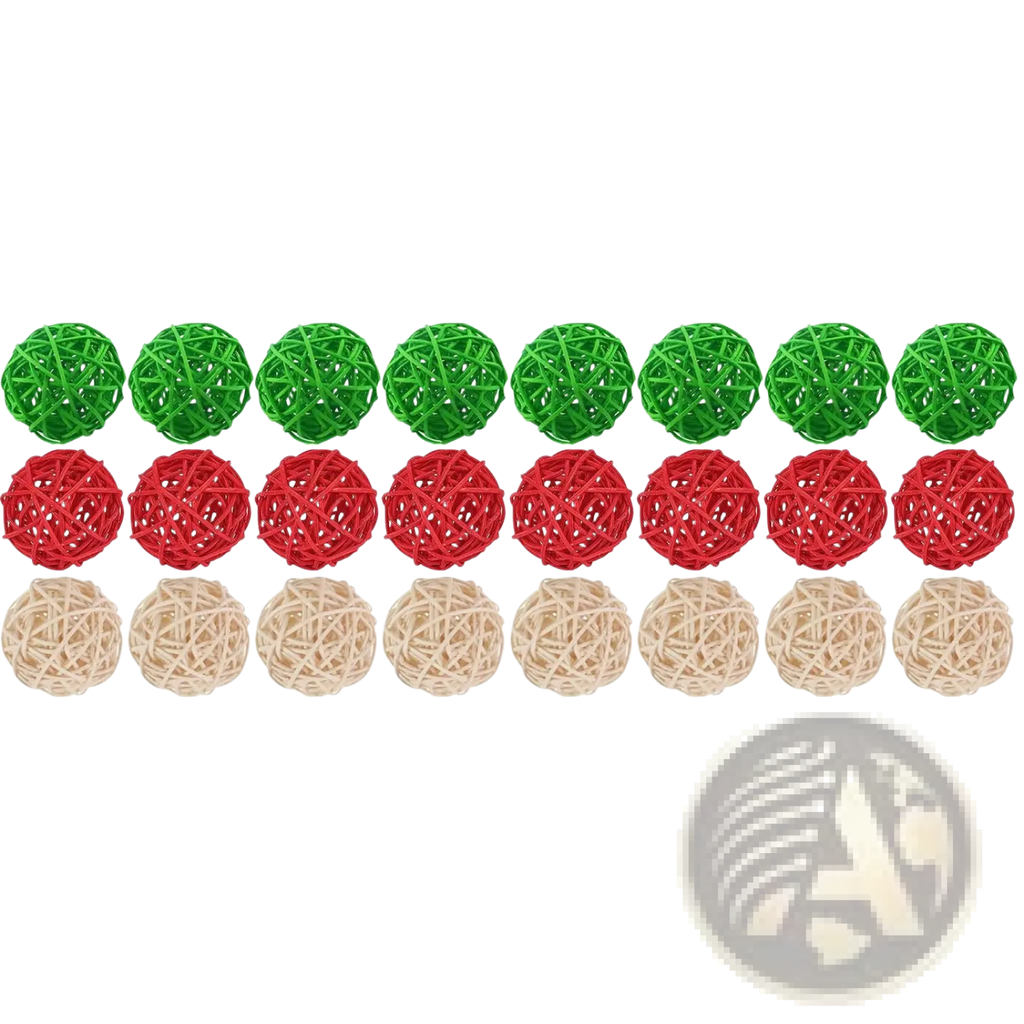 Set of 30 woven wicker rattan balls in green red and beige for Christmas vase filler orbs in three rows