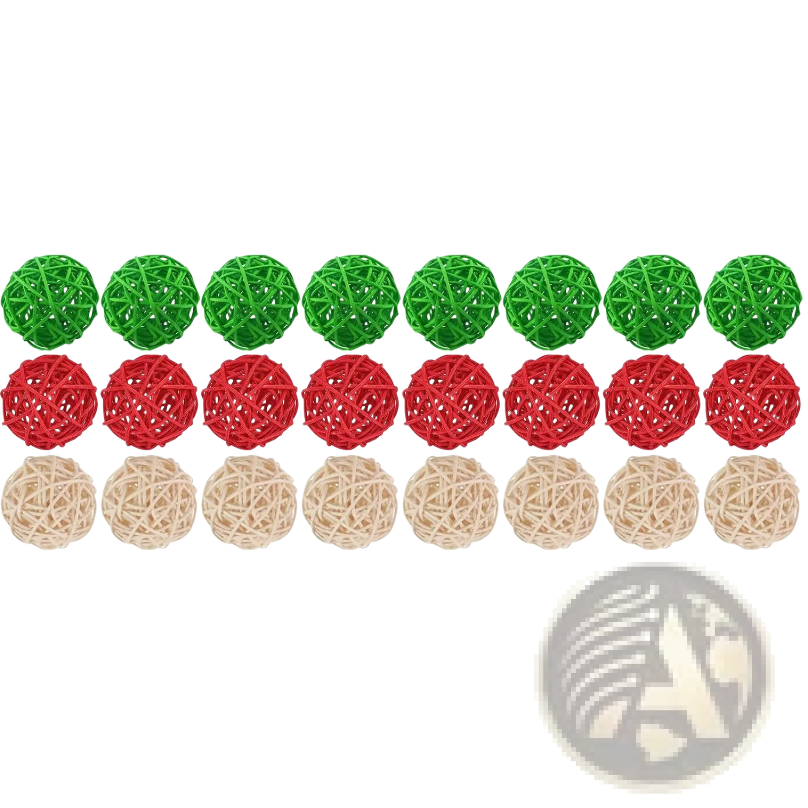 Set of 30 woven wicker rattan balls in green red and beige for Christmas vase filler orbs in three rows