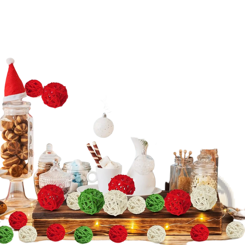 Wicker rattan balls 30pc Christmas vase filler orbs in red green and white woven design for festive decoration