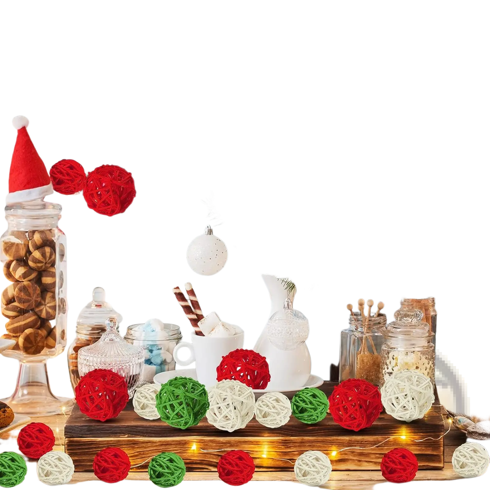 Wicker rattan balls 30pc Christmas vase filler orbs in red green and white woven design for festive decoration
