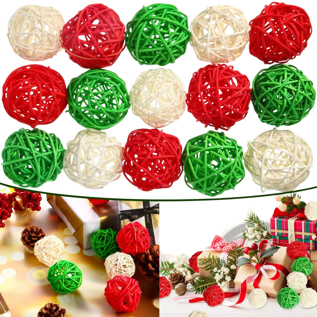 Wicker rattan balls in red green and cream colors woven as 30pc Christmas vase filler orbs