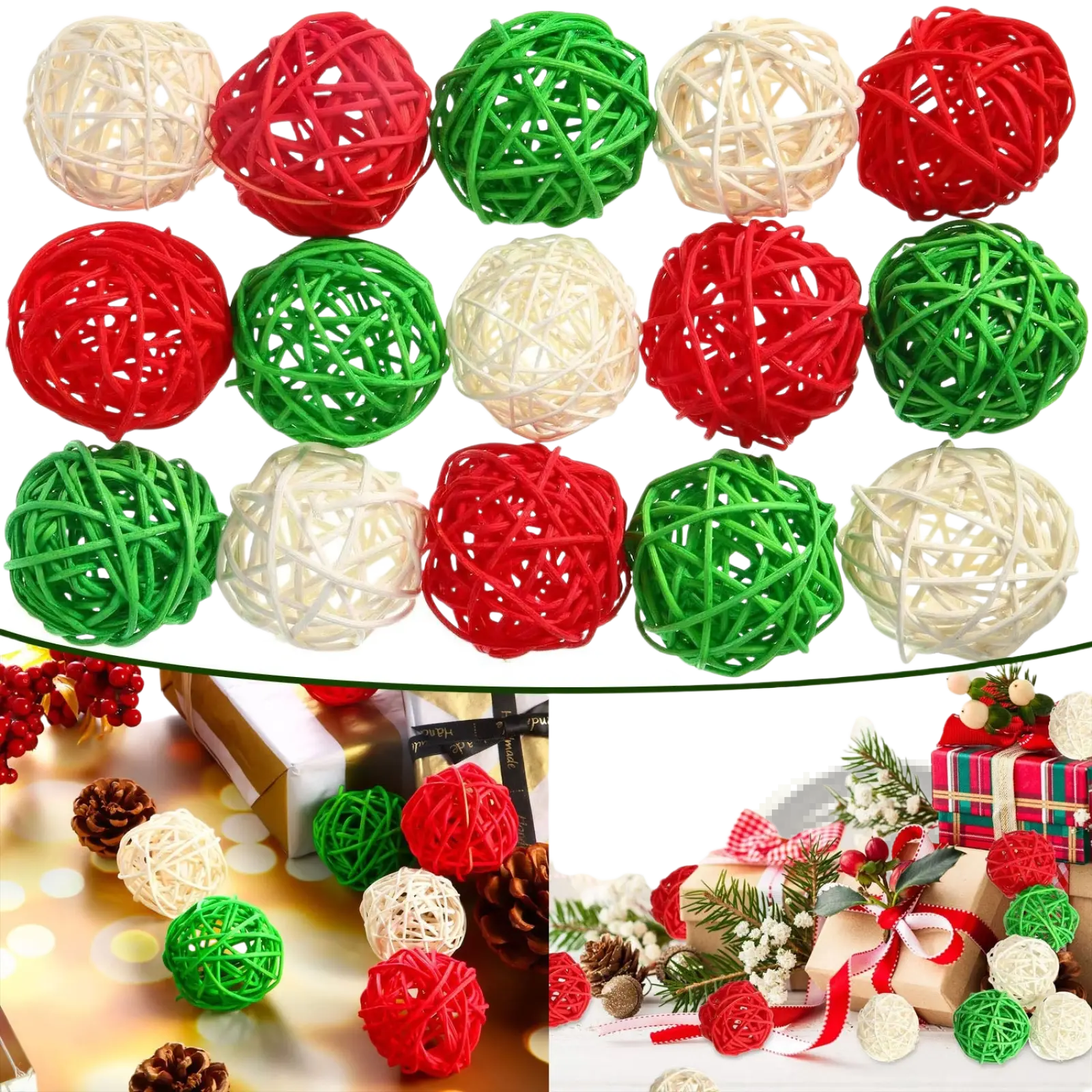 Wicker rattan balls in red green and cream colors woven as 30pc Christmas vase filler orbs