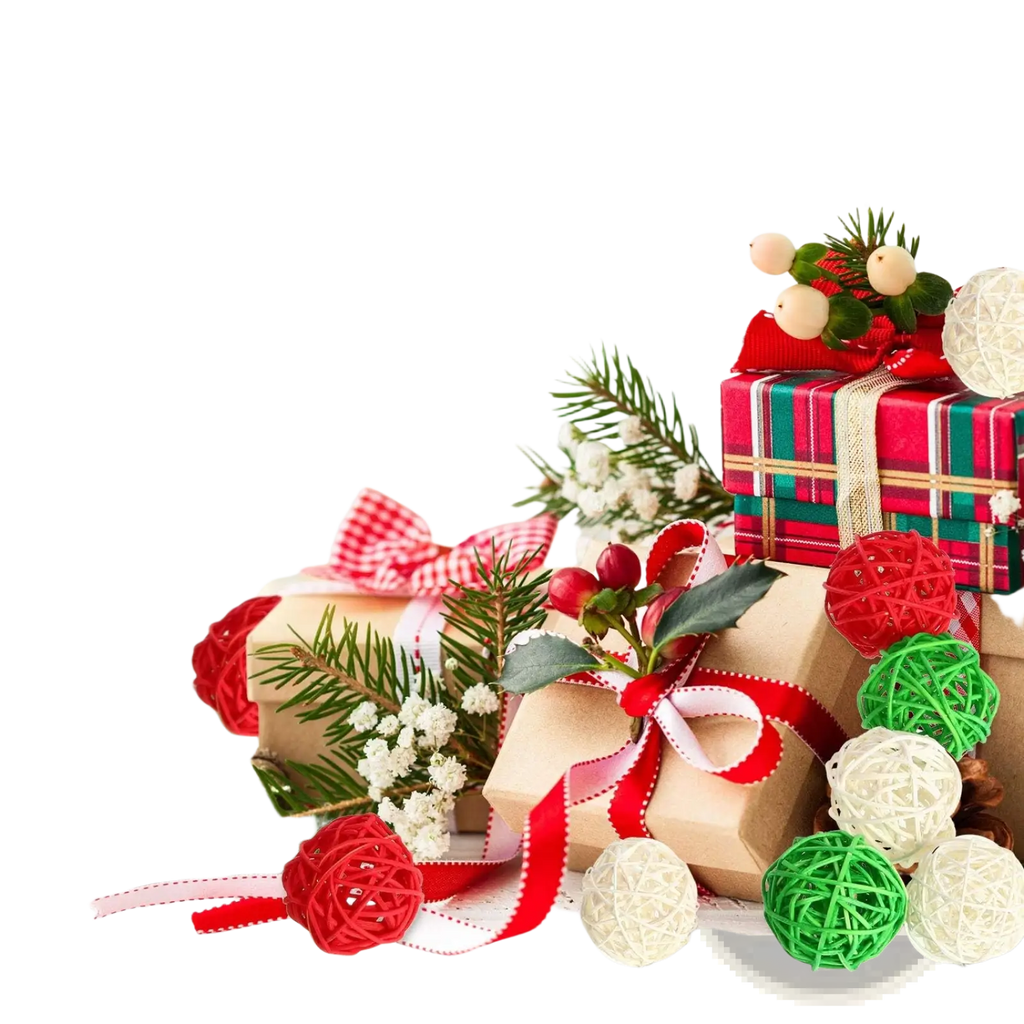 Red and green woven wicker rattan balls with white ribbon accents 30pc christmas vase filler orbs