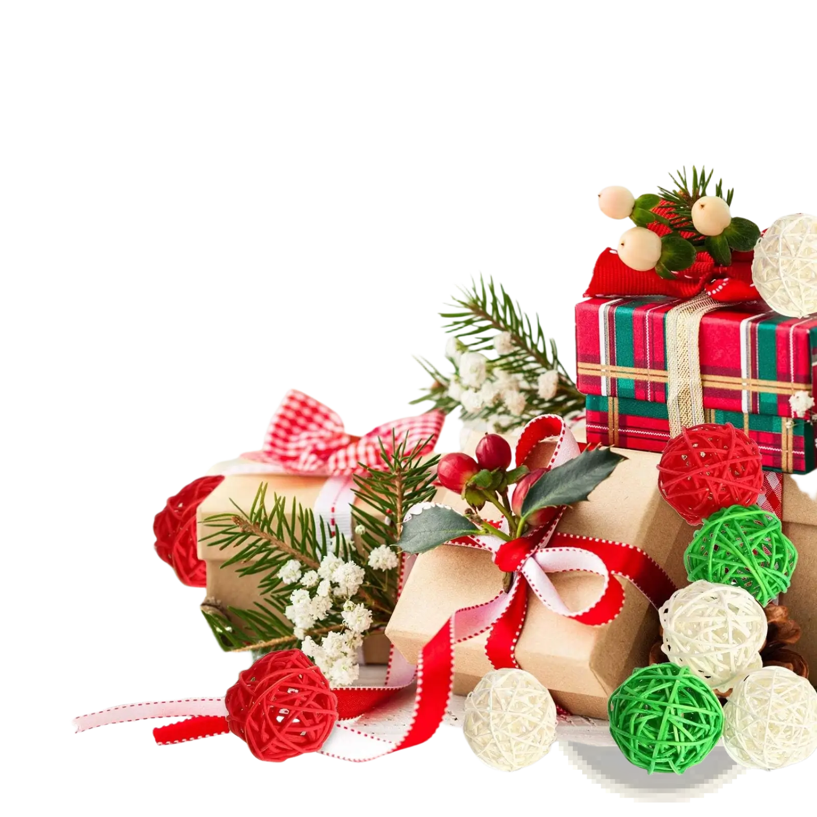 Red and green woven wicker rattan balls with white ribbon accents 30pc christmas vase filler orbs